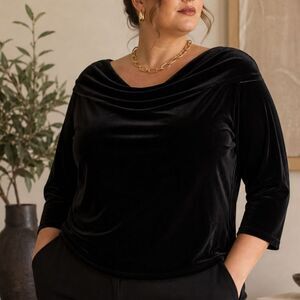 Black Velvet Cowl Neck Top 2X Quiet Luxury Minimalist Cocktail Party
